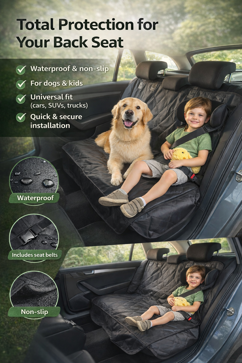 Protective car seat cover, specially designed for pets and babies